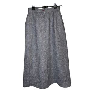 VTG Marcye Ross 100% Wool Herringbone Midi Skirt Made in USA Sz 8 Gray Tweed
